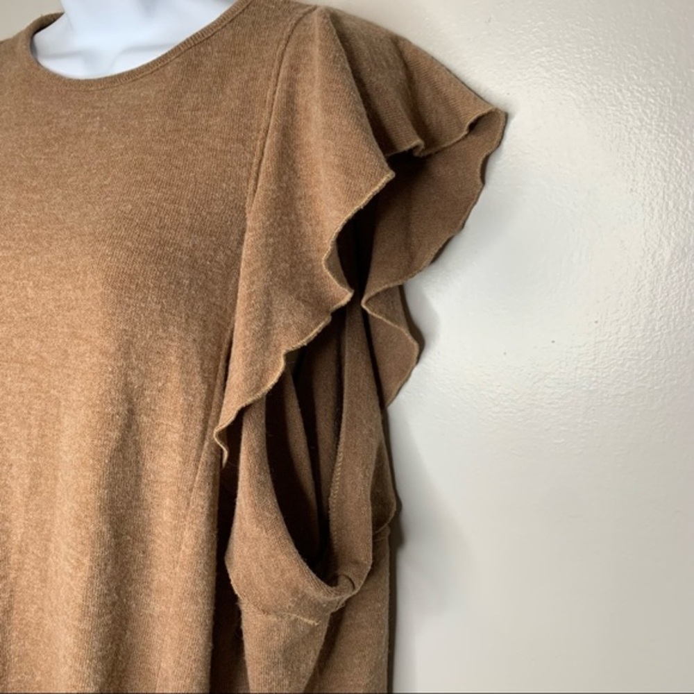 Zara Tan Ruffle-Sleeve Cold Shoulder Sweater Size Small - Picture 7 of 11